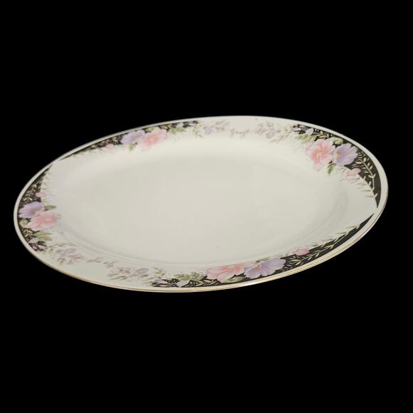 Vintage Porcelain Oval Serving Platter 14"x10" Pink & Purple Floral Gold Trim - Picture 1 of 4